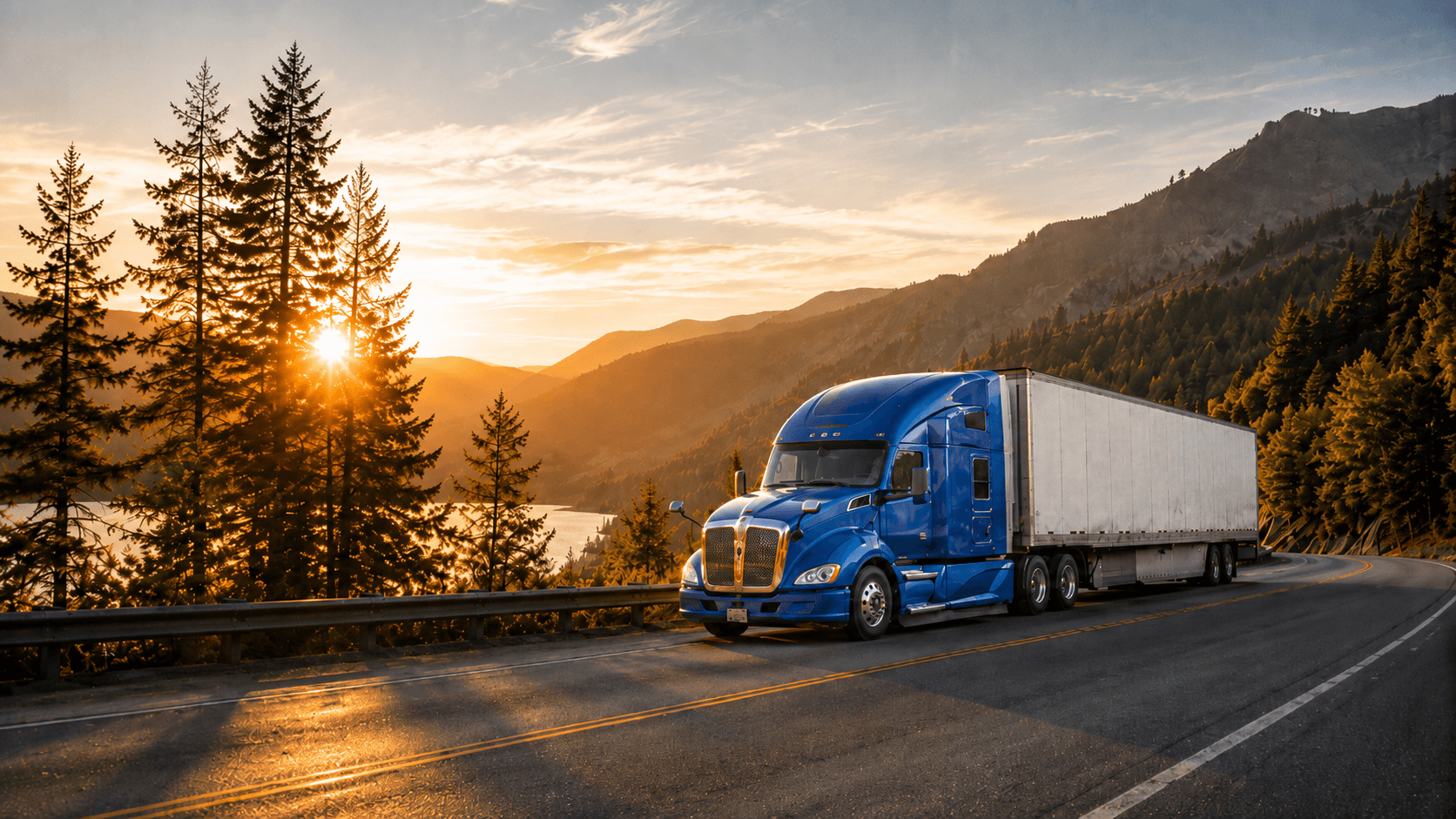Semi-truck with trailer on a highway at sunset